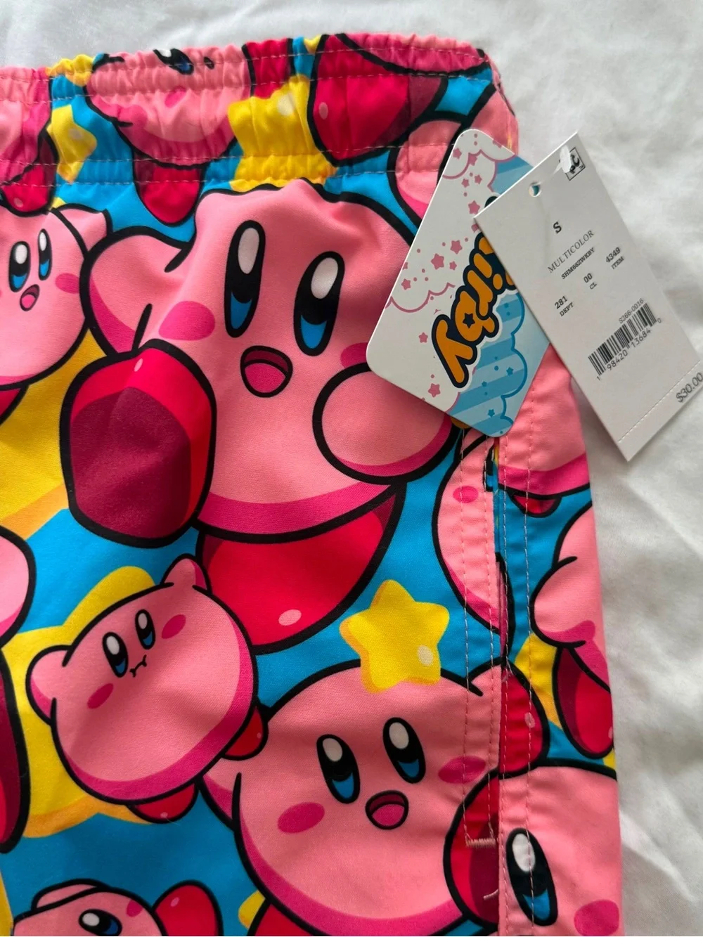 NWT Men’s Nintendo Kirby Swim Shorts Drawstring Waist Rash Guard Pockets Pink